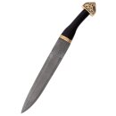 Seax Dagger, Damascus steel blade, horn hilt, leather sheath