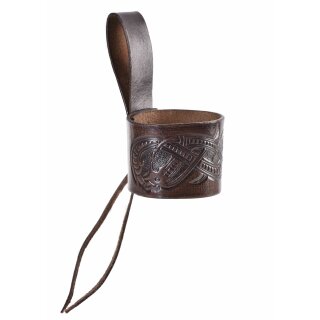 Leather Drinking Horn Holder, Embossed Dragon, Jelling Style, dark brown