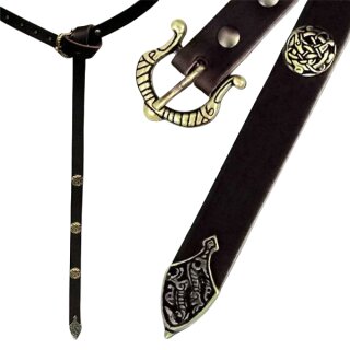 Viking Belt, 2 cm -black, with end and rivets, bronze